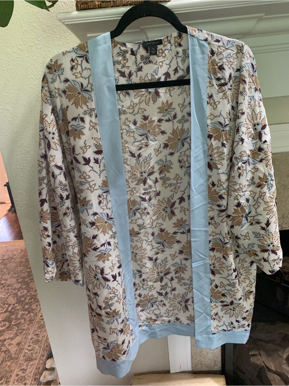 Ann Taylor Cream Blouse with Taupe and Light Blue Print